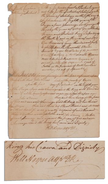 1768 Document Signed by DOI Signer William Hooper -- ''...great Damage and against the peace of God and our Sovereign Lord the King his Crown and Dignity...'' -- With JSA COA