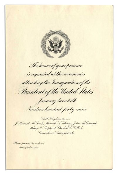 Congressional Version of The Invitation & Program For The 1949 Presidential Inauguration of Harry S. Truman