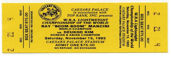 Unused & Pristine Ticket From Tragic Ray Mancini/Duk-Koo Kim Fight