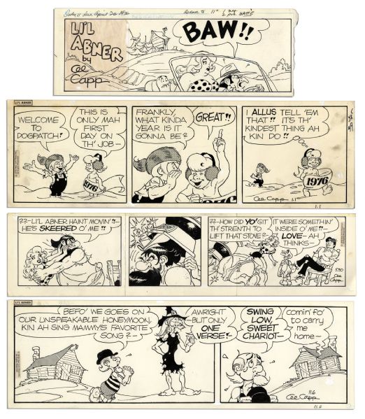 Lot of 4 ''Li'l Abner'' Comic Strips From 1976 -- Hand-Drawn & Signed by Capp Featuring Daisy Mae, Li'l Abner, A Shmoo & Honest Abe -- Sizes Vary, Approximately 19.5'' x 6.25''