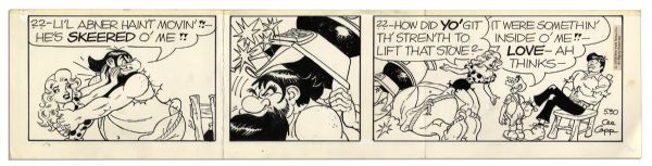 Lot of 4 ''Li'l Abner'' Comic Strips From 1976 -- Hand-Drawn & Signed by Capp Featuring Daisy Mae, Li'l Abner, A Shmoo & Honest Abe -- Sizes Vary, Approximately 19.5'' x 6.25''