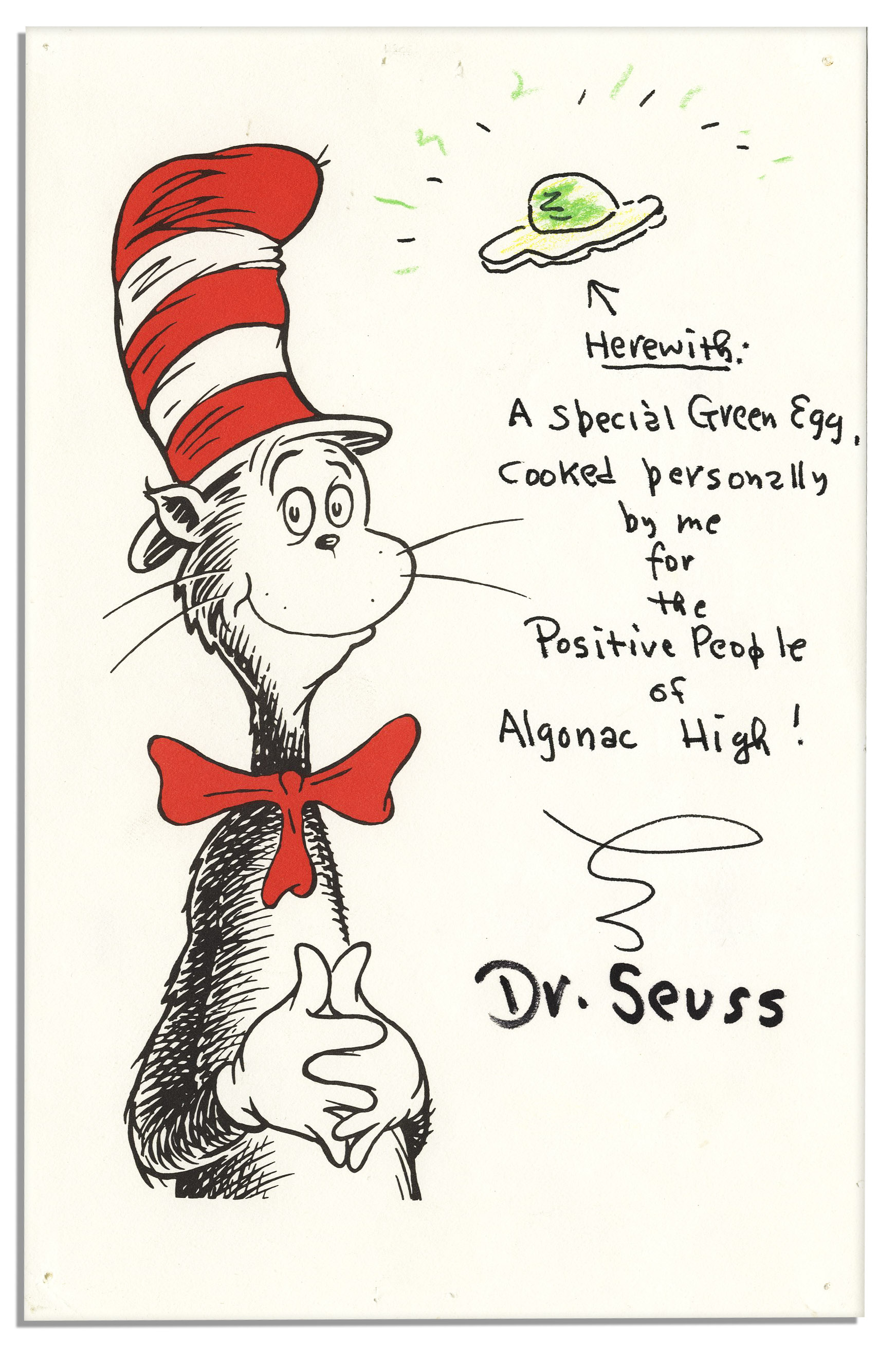 Dr. Seuss Autograph Dr. Seuss Original Art Signed -- Depicting His Famous Green Egg From ''Green Eggs and Ham''