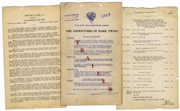Vintage Script For 1944 Warner Brothers Biopic ''The Adventures of Mark Twain'' Starring Frederick March -- With 2pp. Summary & Script For The Trailer