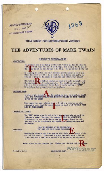 Vintage Script For 1944 Warner Brothers Biopic ''The Adventures of Mark Twain'' Starring Frederick March -- With 2pp. Summary & Script For The Trailer