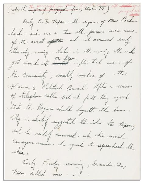 Incredible Martin Luther King Handwritten Pages For ''Stride Toward Freedom'' -- Detailing the Momentous Rosa Parks Incident -- ''...they agreed that the Negroes should boycott the buses...''