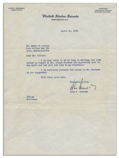 John F. Kennedy Typed Letter Signed From 1954 as a Young Congressman -- With PSA/DNA COA