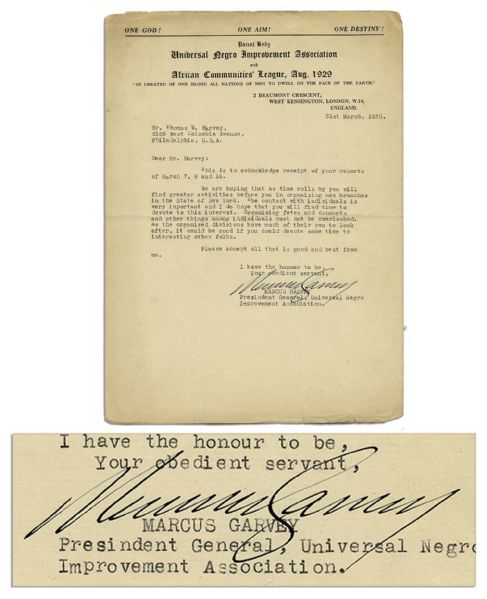 Marcus Garvey Letter Signed on Universal Negro Improvement Association Letterhead as Its President -- ''...it would be good if you could devote some time to interesting other folks...''
