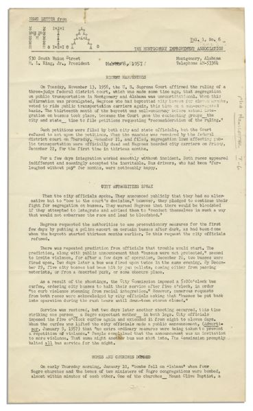 1957 Newsletter by the MIA on the Burgeoning Civil Rights Movement -- Reports the Second Assassination Attempt on Martin Luther King & the Race Bombings in Montgomery, Alabama