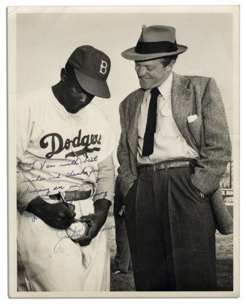 Jackie Robinson Signed Photo -- 8'' x 10'' Photo of Robinson & Actor Van Heflin, Dedicated in Robinson's Hand to the Actor -- With PSA/DNA COA