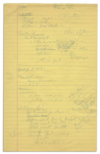 Richard Nixon Handwritten Notes for 1968 Campaign -- ''We shall win: Dems divided - LBJ'' & ''What do we offer? 1) Leadership for Peace...2) We want Education 2) We want Health -- China''