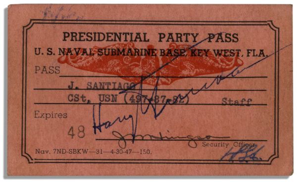 Harry Truman Signed U.S Naval Base Presidential Pass