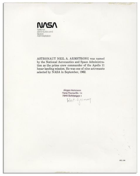 Neil Armstrong Signed 8'' x 10'' NASA Photo -- Uninscribed