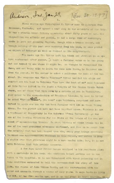 ''Morning Herald'' Indiana Newspaper Draft of a Story That Ran in 1897 -- Claiming John Wilkes Booth Was Still Alive & Had Fled the Country