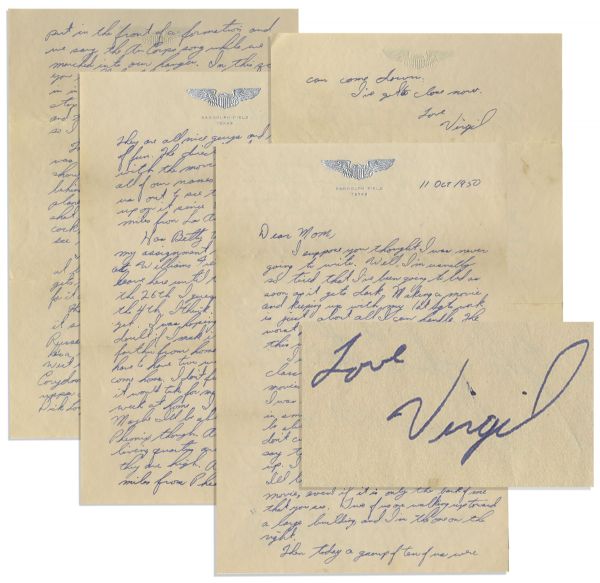 Early Gus Grissom Autograph Letter Signed to His Mother as an Air Force Cadet & Actor in ''Air Cadet'' -- ''...I'll be flying jets at Williams Field before very long...''