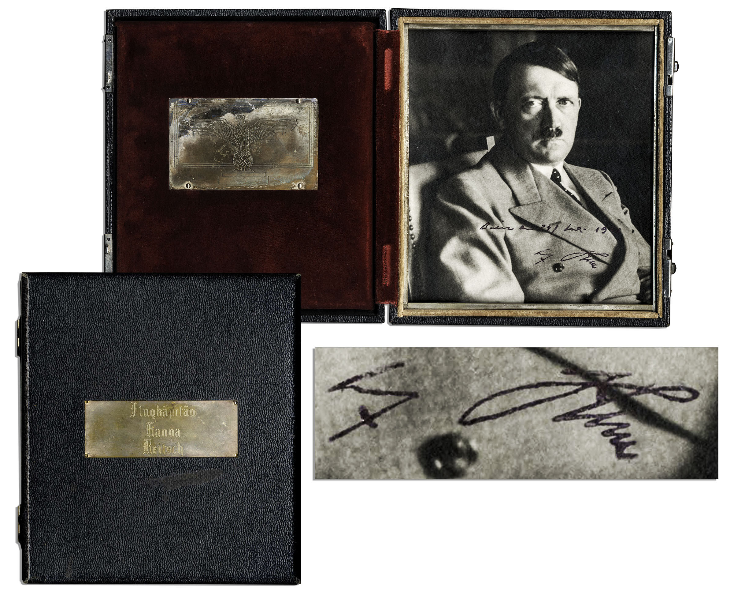Adolf Hitler Autograph Scarce Hitler Signed Photo -- Photo Taken by Heinrich Hoffmann Is Encapsulated in a Case Belonging to German Aviator Nazi Flugkapitan Hanna Reitsch