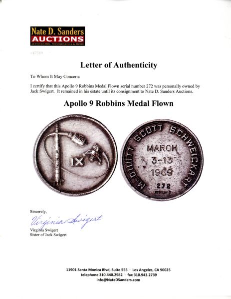Jack Swigert's Personally Owned Apollo 9 Flown Robbins Medal -- Serial #272