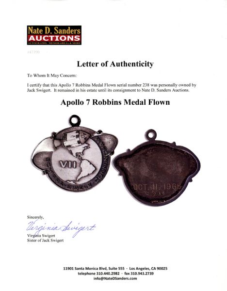 Jack Swigert's Personally Owned Apollo 7 Flown Robbins Medal, Serial #238