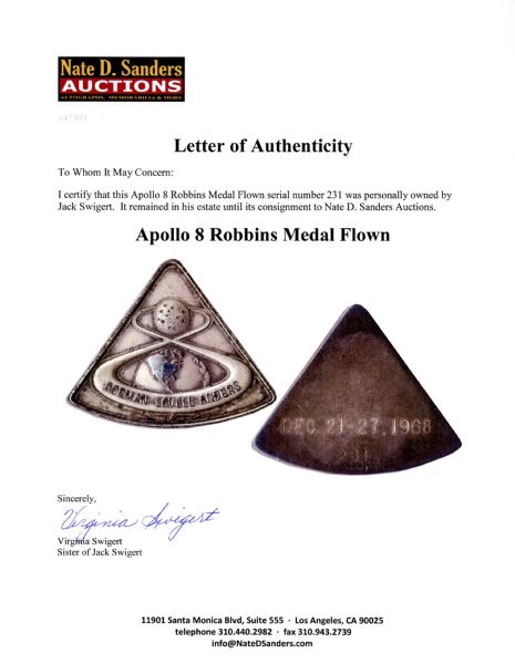 Jack Swigert Personally Owned Rare Apollo 8 Flown Robbins Medal -- Serial Number 231