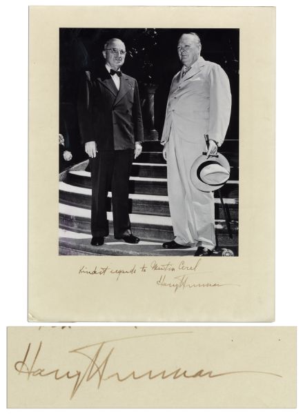 Harry Truman Signed Photo of Him with Churchill -- 8'' x 10'' Photo on 11'' x 14'' Signed Mat