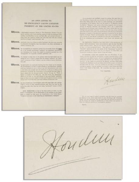 Harry Houdini Typed Letter Signed --an ''Open Letter'' to President Coolidge Encouraging Him to Keep Laws Intact Restricting Spiritualists -- ''...I have found only delusion and fraud...''
