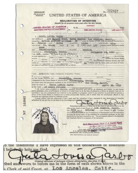 Greta Garbo's Immigration & Naturalization Papers Signed by Her -- With Twice-Signed Passport Photo Affixed to the Papers