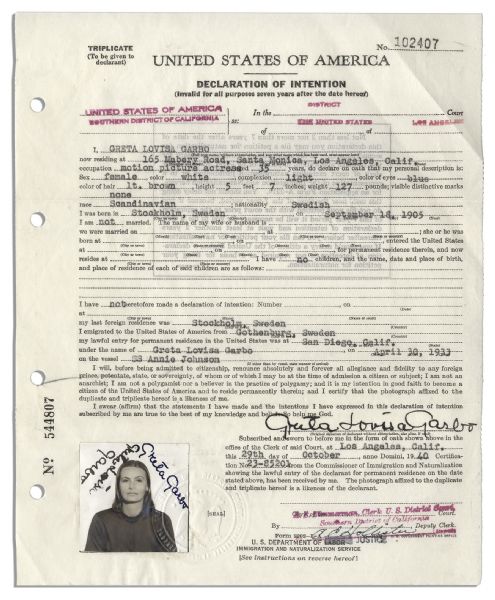 Greta Garbo's Immigration & Naturalization Papers Signed by Her -- With Twice-Signed Passport Photo Affixed to the Papers