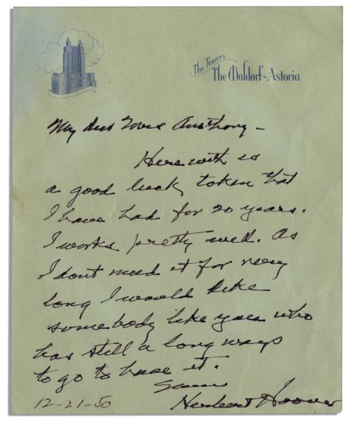 Rare Herbert Hoover Autograph Letter Signed -- ''...Herewith is a good luck token that I have had for 20 years. It works pretty well....I don't need it for very long...''