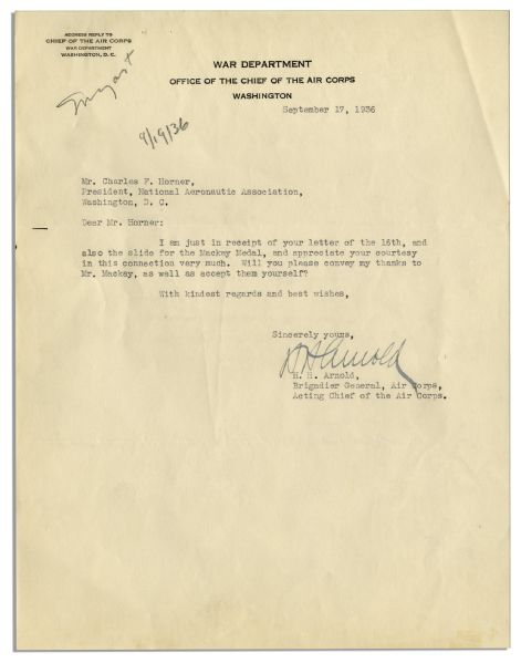 Five-Star General Hap Arnold Typed Letter Signed as Acting Chief of the Air Corps
