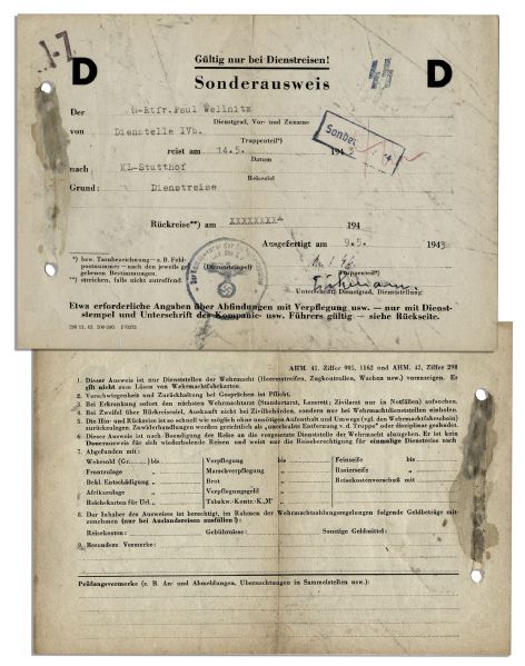 Adolf Eichmann Signed War-Dated Travel Pass -- The Only War-Dated Eichmann Piece Ever to be Auctioned