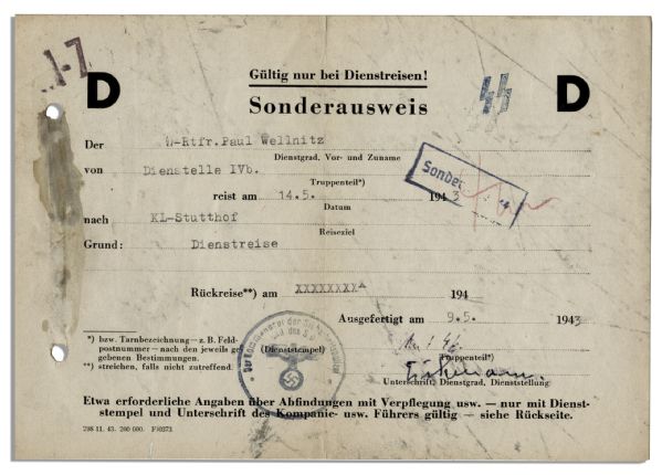 Adolf Eichmann Signed War-Dated Travel Pass -- The Only War-Dated Eichmann Piece Ever to be Auctioned