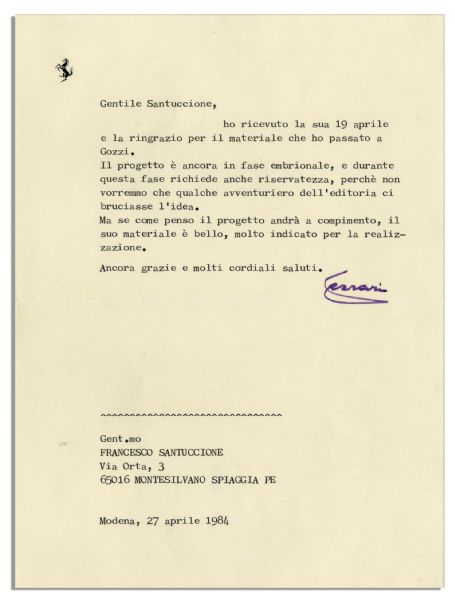 Enzo Ferrari Typed Letters Signed -- Lot of 7 -- ''...an exciting era of motor car sports which I remember with so much pleasure...''