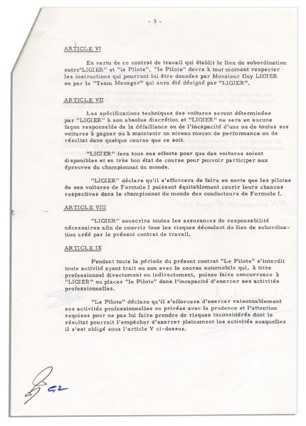 Didier Pironi & Ligier Document Signed -- Employment Contract in French -- Signed in Full on Last Page & Also Initialed on Each Page by Both Parties