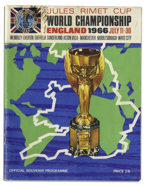 Vintage 1966 FIFA World Cup Program Signed by Its Champions, The England Squad -- With England & West Germany Supporter's Rosettes