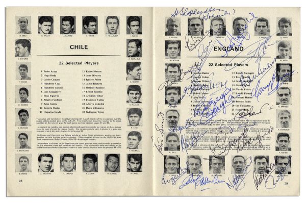 Vintage 1966 FIFA World Cup Program Signed by Its Champions, The England Squad -- With England & West Germany Supporter's Rosettes