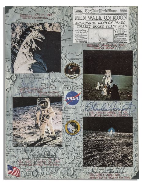 Rare Apollo 11 & Apollo 12 Collage Signed by Neil Armstrong, Charles Conrad, Buzz Aldrin & Alan Bean