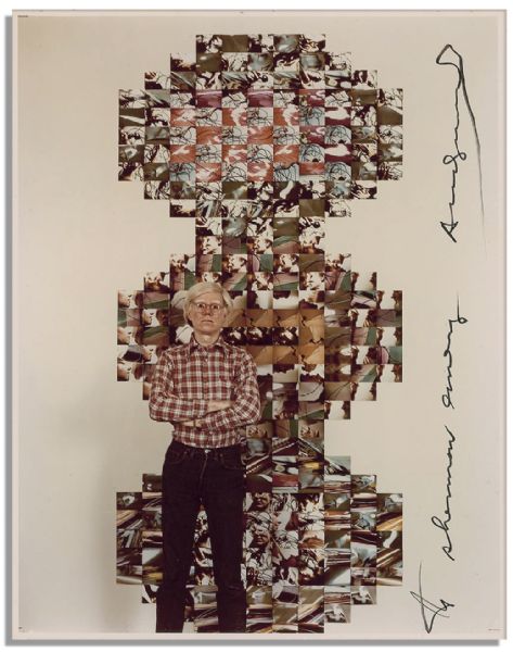 Andy Warhol Signed Photo -- Depicting the Artist Posing in Front of One of His Collages
