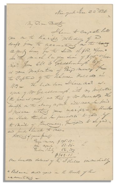 U.S. Navy Commodore Matthew C. Perry Autograph Letter Signed -- ''...your...Prize money for the Capture of the Schooner Falcon in 1813...dear brother...your fortune has ceased to sun...''