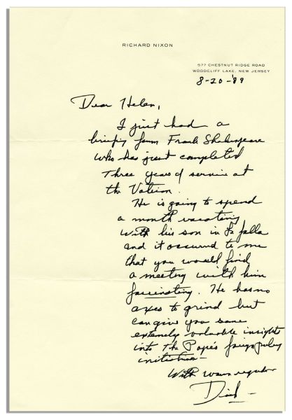 Richard Nixon Autograph Letter Signed to Friend and Noted Newspaper Publisher, Helen Copley -- ''...He...can give you...valuable insights into the Pope's foreign policy initiatives...''