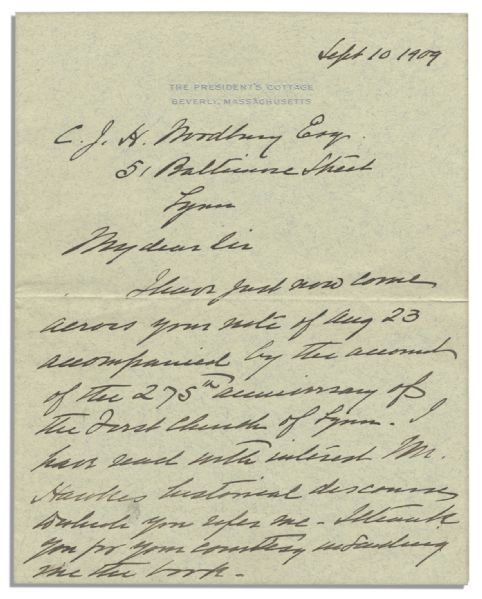 William Howard Taft Autograph Letter Signed as President -- ''...account of the 275th anniversary of the First Church of Lynn. I have read with interest Mr. Hawkes historical discourses...''