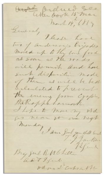 Thomas ''Stonewall'' Jackson Autograph Letter Signed Ordering ''...two of Anderson's Brigades moved up to the U.S. ford...to prevent the enemy from crossing the Rappahannock...''