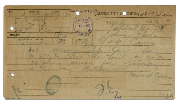 Exceedingly Rare ''Urgent'' Telegram Pertaining to King Tut's Tomb, Sent by Lead Excavator Howard Carter in 1923 -- ''Arrangements have been made to close the tomb on Monday...''