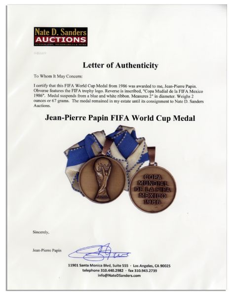 FIFA World Cup Medal From 1986 Obtained by French Soccer Legend Jean-Pierre Papin, One of the Top 100 FIFA Players of All-Time as Delegated by Pele