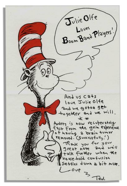 Dr. Seuss Autograph Letter Signed on ''Cat in the Hat'' Stationery -- ''...Audrey is now recuperating fast from the grim experience of having a brain tumor removed. (successfully!)...''