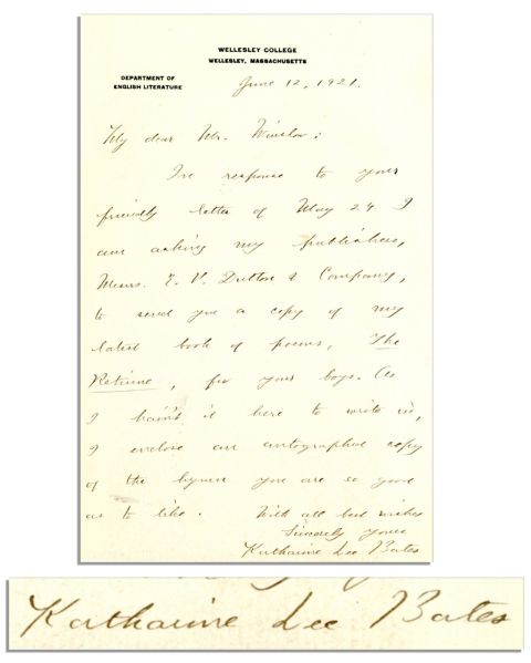 Katharine Lee Bates Autograph Letter Signed -- Refers to ''America the Beautiful'' -- ''...I enclose an autograph copy of the hymn you are so good as to like...''