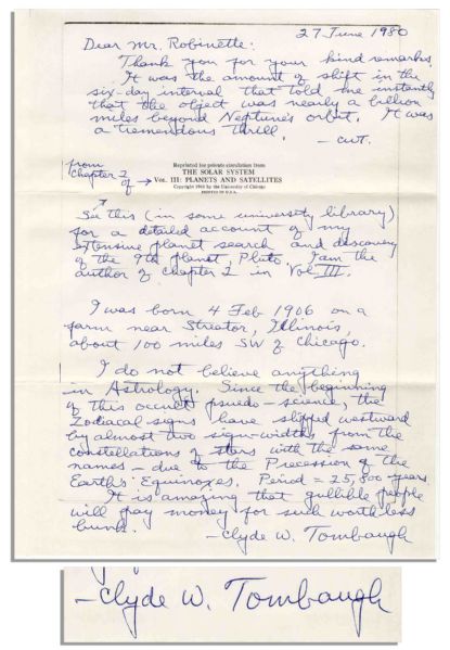 Astronomer Clyde Tombaugh Autograph Letter Twice-Signed -- ''...I do not believe anything in Astrology...gullible people will pay money for such worthless bunk...''