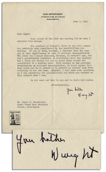 Dwight D. Eisenhower WWII Typed Letter Signed -- To His Brother, Edgar -- ''...I think you should not try to mould plans around the possibility of a bombing raid...''