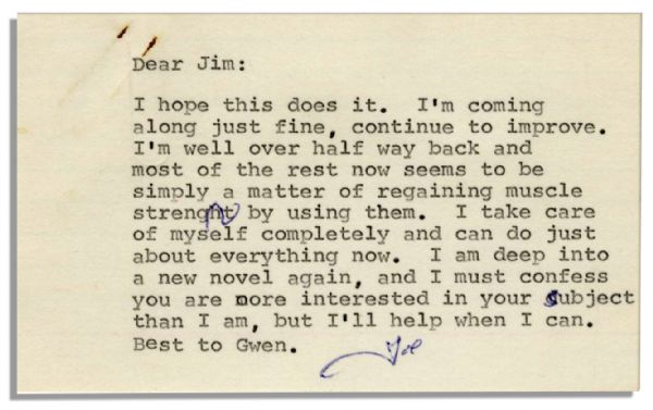 Joseph Heller Letter Signed Regarding Guillain-Barre Syndrome -- ''...I'm well over half way back and most of the rest now seems to be simply a matter of regaining muscle strength...''