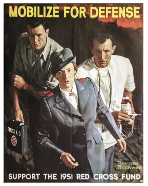 WWII Red Cross Poster -- ''Mobilize For Defense'' -- Featuring Norman Rockwell Art