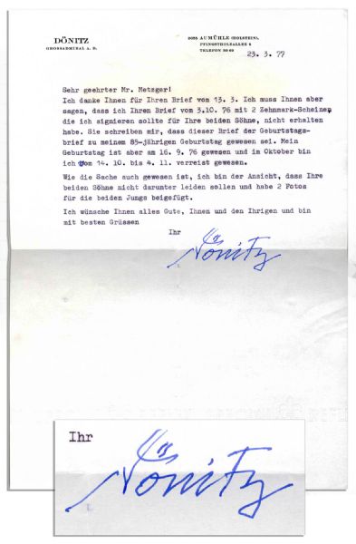 German Admiral Karl Donitz Typed Letter Signed -- Hitler's Successor