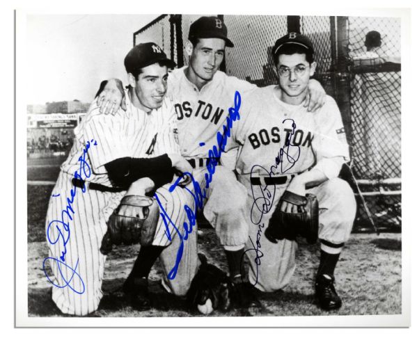 Joe DiMaggio and Ted Williams Signed 10'' x 8'' Photo -- Also Signed by Dom DiMaggio -- With PSA/DNA COA